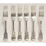 Six William IV Fiddle pattern table forks; London 1835, by Jonathan Hayne. (18 oz)