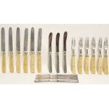 Six pairs of William IV dessert knives & forks, the plain ivory handles with engraved family