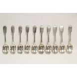 Ten Victorian Fiddle pattern dessert spoons; Exeter 1845, by Robert, James, & Josiah Williams of