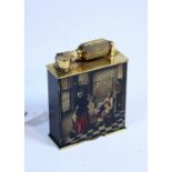 A McMURDO BRASS-MOUNTED TABLE LIGHTER PAINTED WITH 18th CENTURY-STYLE ROOM INTERIOR SCENE WITH THREE