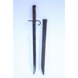 A WWII rifle bayonet with 15¾” long single-edge curved blade, complete with steel sheath.