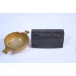 A French horn rectangular snuff box, the hinged lid depicting “The Last Supper” in relief, 3¼” wide;