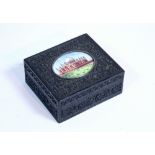 An Indian carved ebony rectangular trinket box inset painted ivory oval panel depicting a temple,