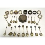 Nine various silver, parcel-gilt, & silver & enamel souvenir teaspoons; six apostle coffee spoons;
