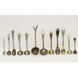 Ten various Georgian & later condiment spoons; a foliate-design sifter ladle, London 1901; & another