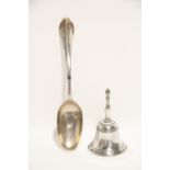 A continental table bell with slender baluster handle, 4" high; & a Dutch "Dog-nosed" table spoon