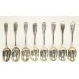 Eight Georgian & later Fiddle pattern table spoons – odd dates & makers. (16 oz).