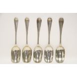 Three George II Hanoverian table spoons, London 1741 (maker's mark rubbed); & another pair, 1752, by