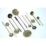 Eleven various brass, or iron & brass ladles & strainers.