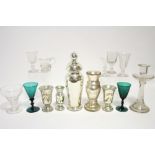Five various ‘mercury’ glass vases, 11" to 4½" high; a glass candlestick with opaque spiral gauze