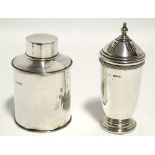 A plain cylindrical teapoy with pull-off cover, 4¼" high, Birmingham 1912; & a plain sugar castor,