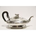 A 19th century Dutch .934 standard teapot of shallow oblong form with narrow gadrooned rims, the