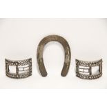 A pair of Georgian shoe buckles of curved rectangular shape with pierced roundel-&-trellis design