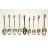 Eight George III & one Geo. IV Old English table spoons – odd dates & makers. (16 oz).