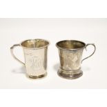 A christening mug of tapered form, 2¾” high, Birmingham 1934; & a similar mug with engraved initials