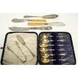 Six Victorian apostle teaspoons & matching sugar tongs with parcel-gilt oval bowls, Sheffield