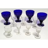 Four 19th century blue glass rummers, 5¼" high; six various clear wine glasses; & a jelly glass.