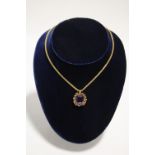 An Amethyst pendant, the square-cut stone set to an un-marked yellow metal cage-work mount, on a 23"