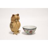 An unusual straw-work model of an owl, 4¾” high; & a Japanese porcelain tea bowl, 3¼” diam.