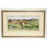 EDWARDS, Malcolm (contemporary) A Welsh rural landscape with farm cottages & hills beyond. Signed;