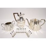 A fluted & tapered oval straight-sided teapot & matching sugar basin; an oval semi-fluted hot