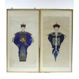 A pair of Chinese ancestral portraits, each male figure dressed in colourful robes; gouache: 38" x