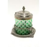 A late Victorian green-overlaid cut-glass cylindrical biscuit barrel with engraved plated hinged