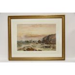 EARP, William Henry. A coastal scene with sailing vessel near rocky cliffs. Signed; watercolour: