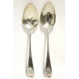A pair of George III Old English table spoons; Exeter 1808, by Richard Ferris. (w.a.f.)