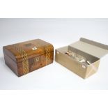 A 19th century parquetry-inlaid mahogany needlework box with fitted interior, 12" wide; and