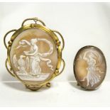 Two carved shell oval cameo brooches, each depicting a classical female figure; and in yellow-