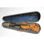 A mahogany violin & bow (violin 23¼” long), with ebonised painted pine case.