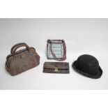 A tan leather handbag; a calf leather purse; a beadwork purse; & a black felt bowler hat. w.a.f.