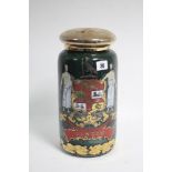 A Victorian style green, gold white & crimson verre églomisé cylindrical apothecary jar with