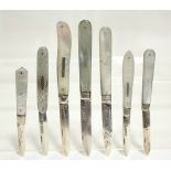 Seven various other pocket fruit knives, each with folding silver blade & with mother-of-pearl sides