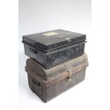 A small grained tin dome-top travelling trunk with hinged lift lid & wrought-iron side handles, 18¼”