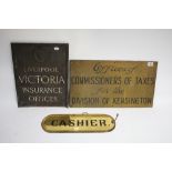 A brass rectangular sign “Offices of Commissioners of Taxes for the Division of Kensington”, 11¼”