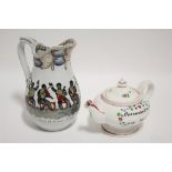 A Victorian Staffordshire pottery ovoid jug with coloured transfer figure decoration of minstrels,