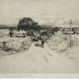 KEMP-WELCH, Margaret. A black & white etching of a drover & his flock on a country road. Signed in