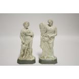 A pair of late18th/early 19th century Staffordshire pearlware male & female figures, he representing