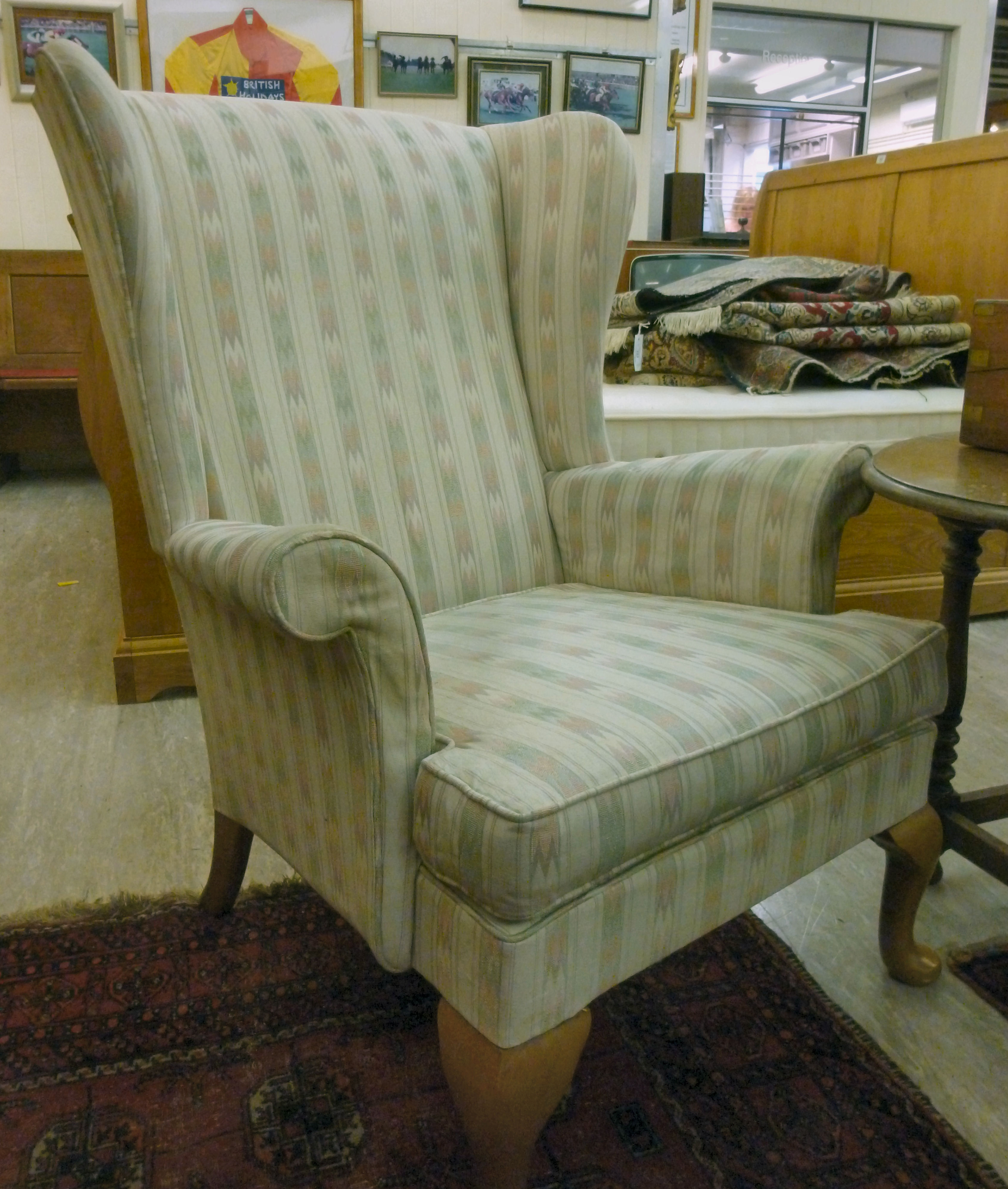 A pair of modern wingback armchairs, uph