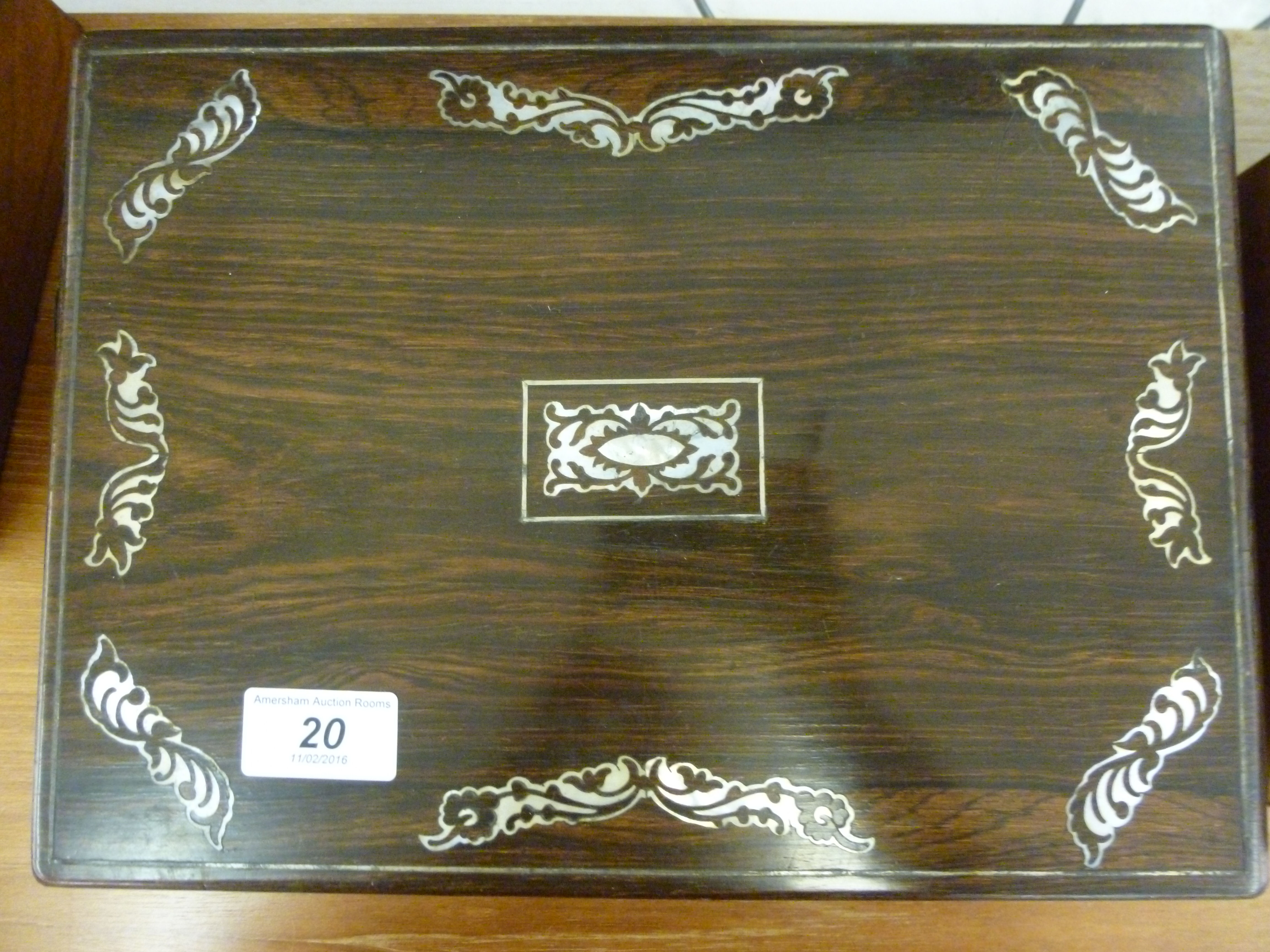 A 19thC mother-of-pearl inlaid rosewood - Image 2 of 3