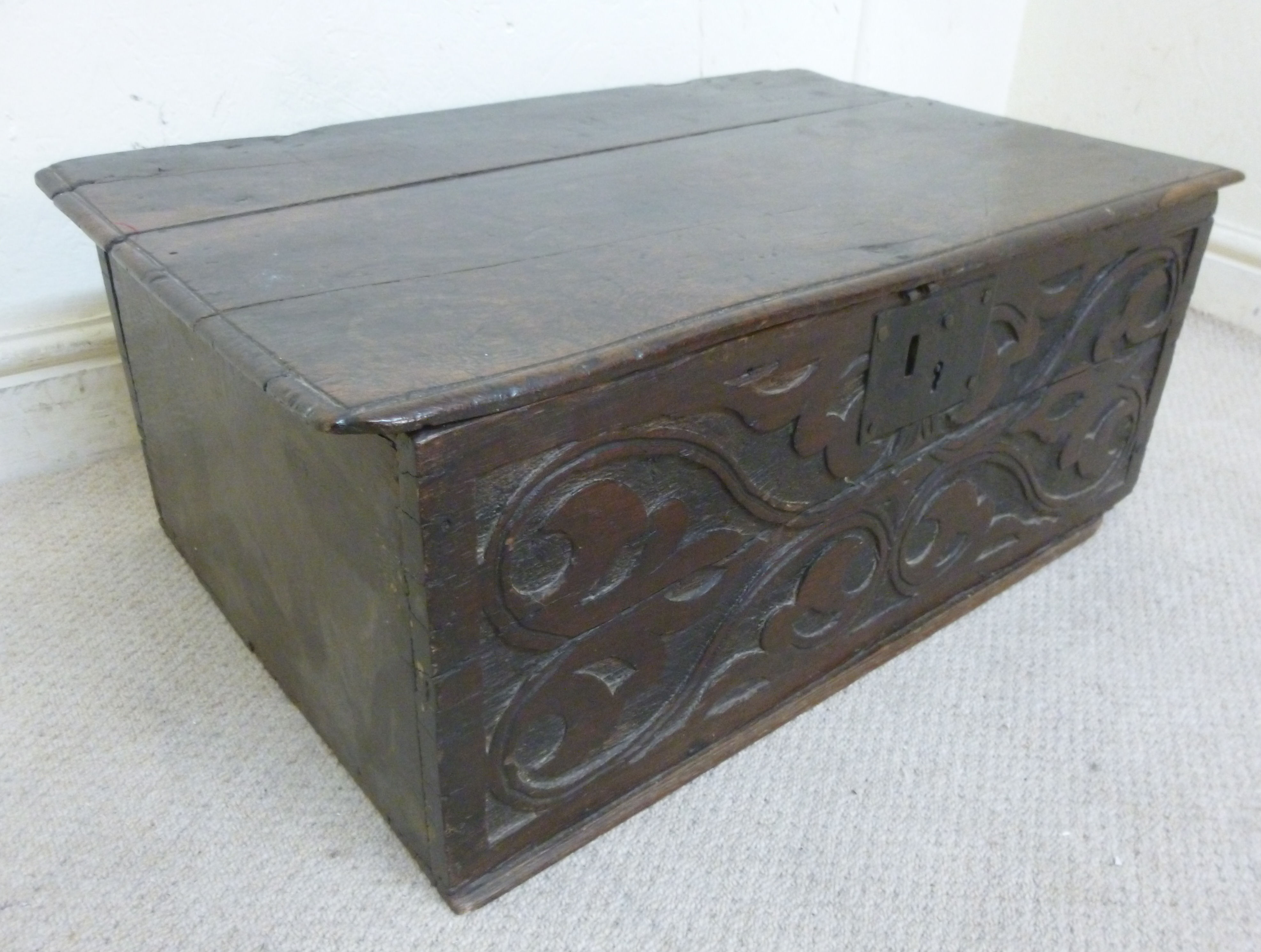 A late 17th/18thC boarded oak bible box,