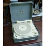 A 1950s HMV portable record deck, in a c