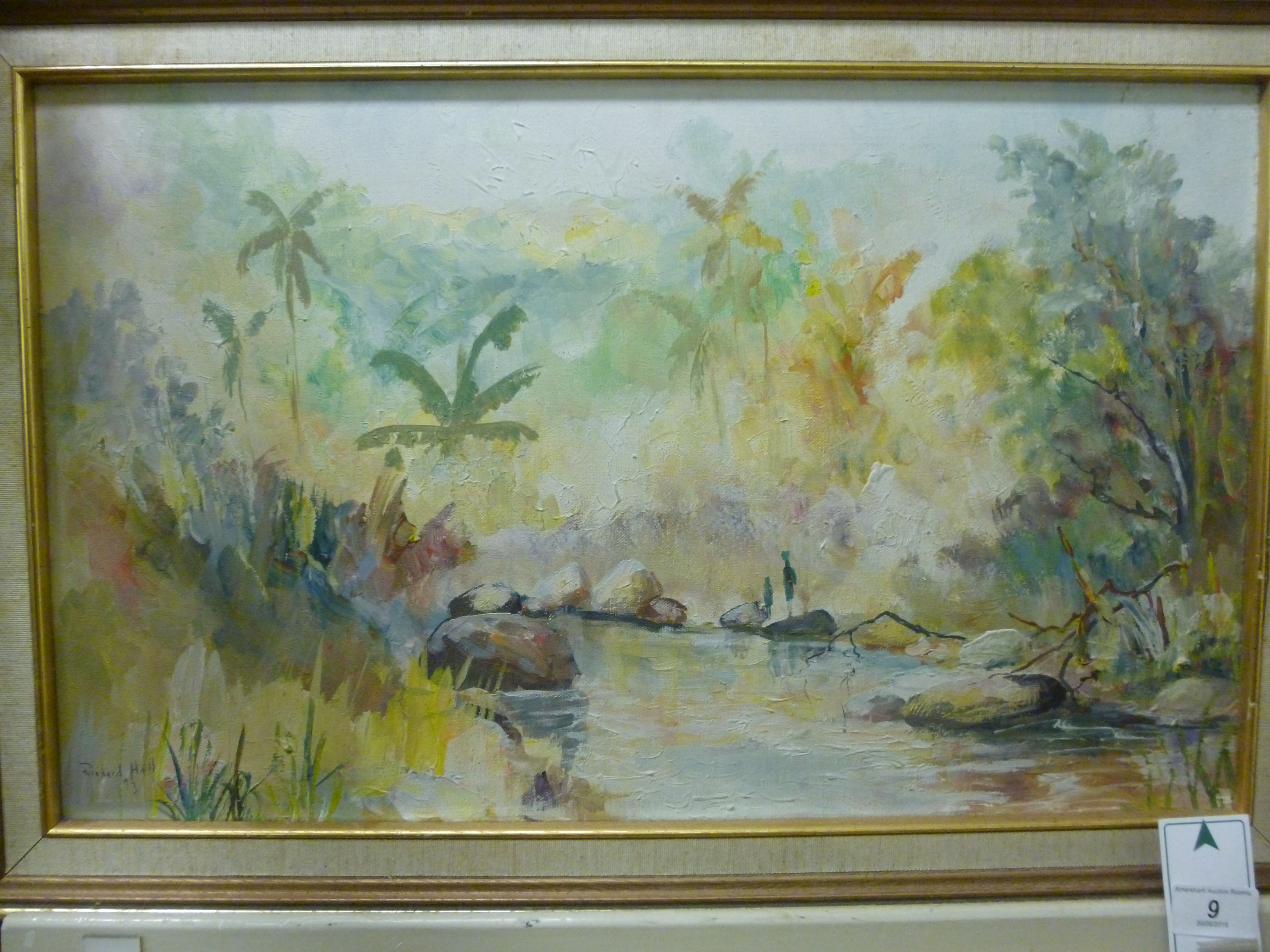 R Hall - a Jamaican river scene with two