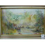 R Hall - a Jamaican river scene with two