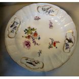 A mid 19thC Meissen moulded, wavy edged porcelain dish, decorated with songbirds in gilded,