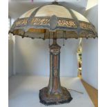 A 1920s Miller table lamp, the multi-coloured, decoratively cast alloy base of canted, square,