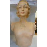 A 1930s retailer's painted pottery female bust, inscribed Lube,