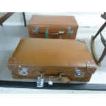 Two stitched tan coloured hide suitcases with chromium plated locks 26''w BSR